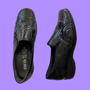 Ara Luftpolster Loafers Black Crocodile Slip Ons Low Wedge 7.5 Euro 38